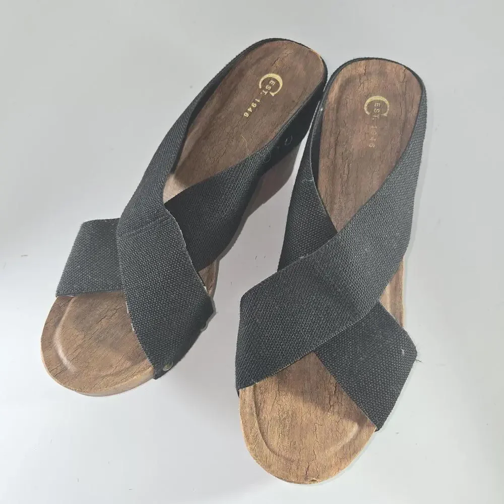 0381 Cato C Est 1946 Wedge Sandals Black Chunky Heel Platform Size 10M